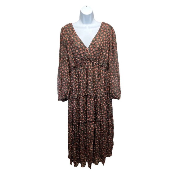 August Sky Midi Dress L Floral Tiered Long Sleeve V Peasant Prairie Cottage Core - Picture 1 of 15